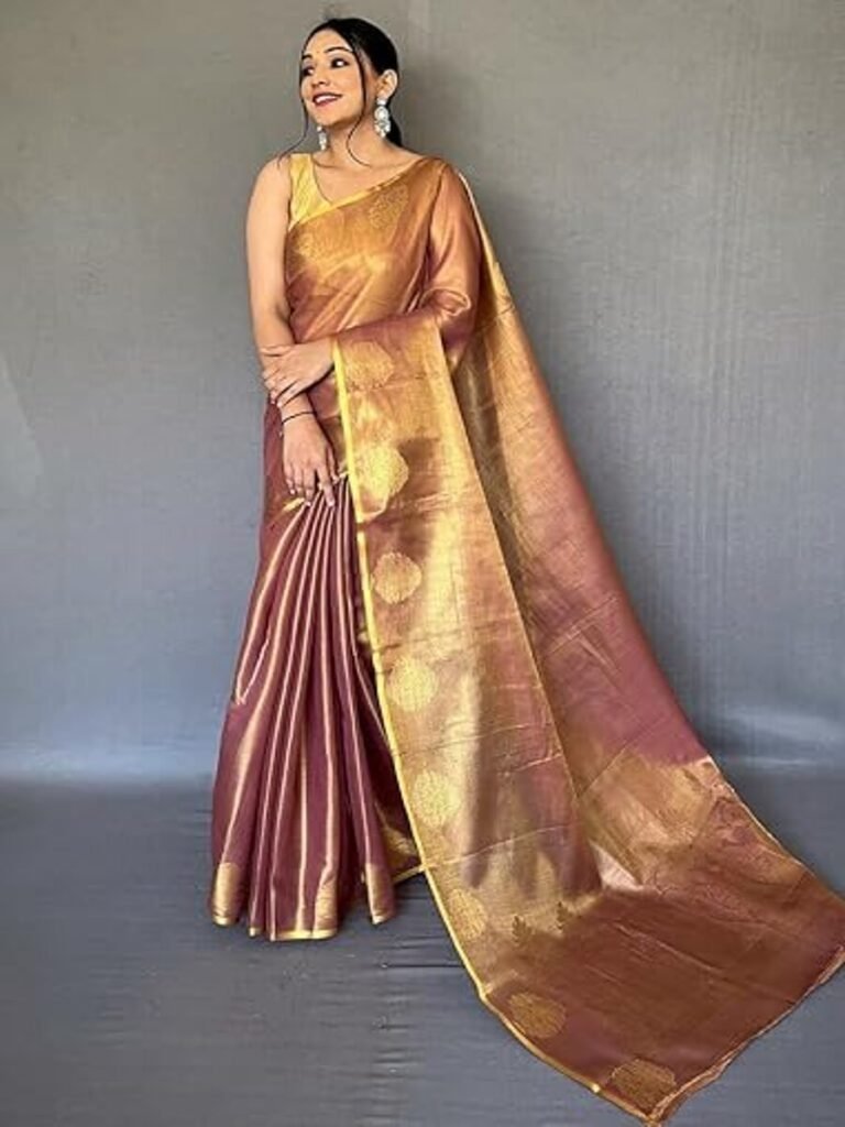 Gold Toned Woven Design Silk Zari Tissue Saree