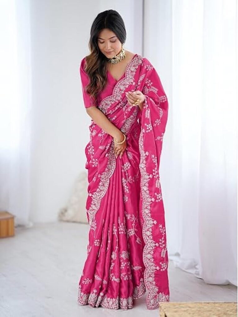 Satin Embroidery Sequin Work Saree with Unstitched Blouse Piece