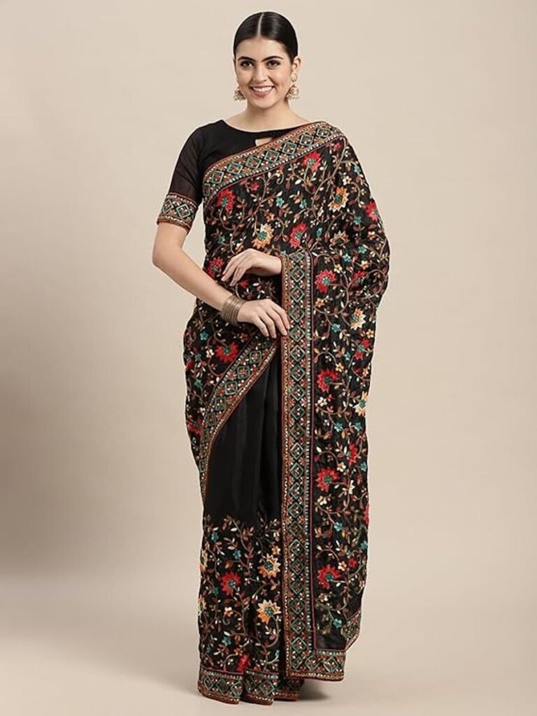 Women Cream Dolla Silk Embroidery Saree