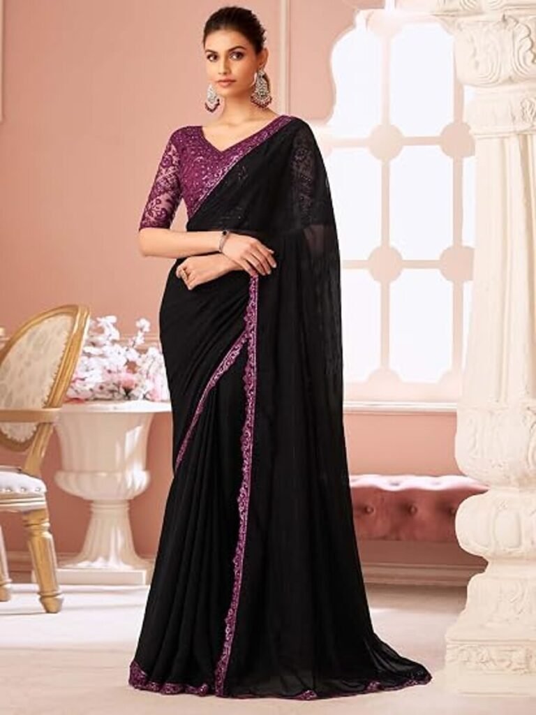 Womens Georgette Sequins Work Saree With Unstitched Blouse Piece